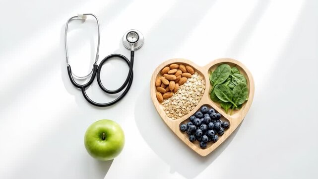 Healthy heart stethoscope apple oats almond spinach bowl tray blueberries promoting nutritious