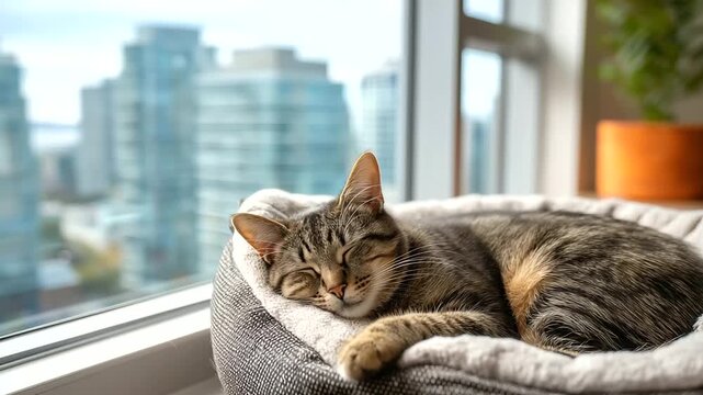 Cat peacefully napping in cozy bed with bright city backdrop visible through window, pet relaxation, urban apartment living, defocused skyline, with copy space