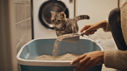 Woman cleaning cat litter box with attentive cat nearby in cozy home laundry room