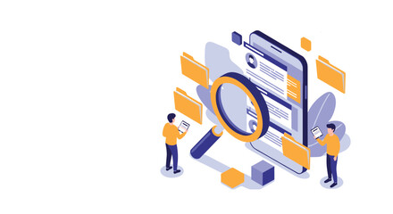 Two people use mobile devices to search for information and manage digital files and folders with a large magnifying glass.