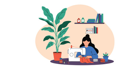 Fototapeta premium A woman with long dark hair is using a sewing machine at a desk with spools of thread and a large houseplant beside her.