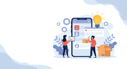 A business team works on a user interface for a new mobile application with a lightbulb symbolizing an innovative idea.