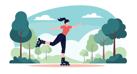 A happy young woman with a ponytail is enjoying a beautiful day by roller skating through a lush green city park.