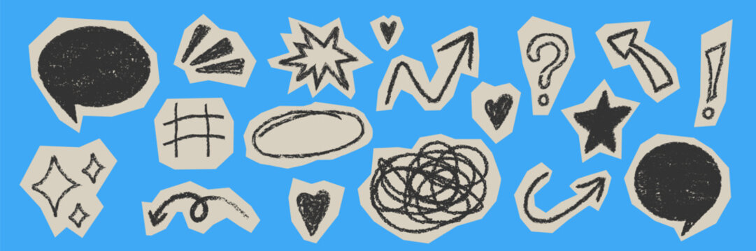 Cutout paper doodle graphics. Rough comic highlight elements. Crayon texture abstract set. Expressive sketch shapes. Textured chalk speech bubbles hearts scribbles for collage poster social media