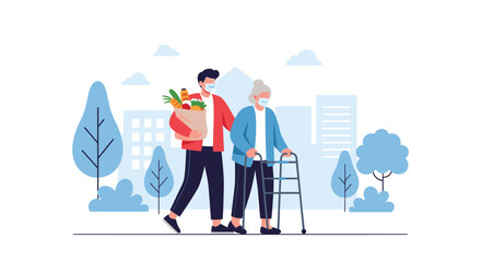 Young volunteer wearing a face mask helps a senior woman with a walker by carrying her grocery bag during the coronavirus pandemic.