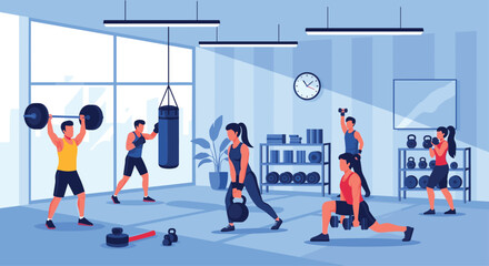 Group of athletic men and women exercising in a modern gym with various equipment like barbells dumbbells and a punching bag.