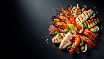 Delicious seafood platter with grilled shrimp and fish