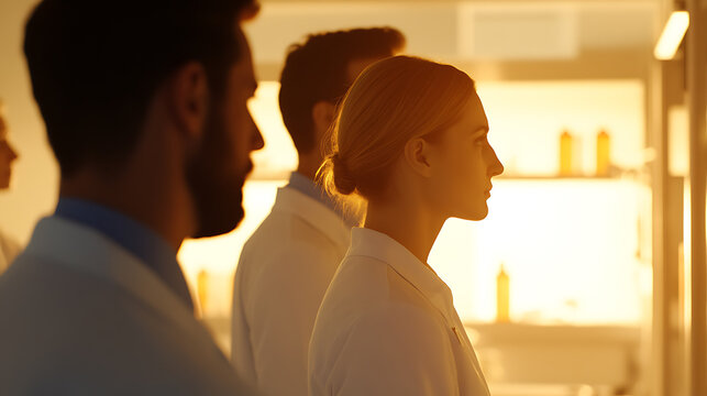 The image features a group of scientists in lab coats, standing in a line, with a warm, golden light illuminating the scene, emphasizing their profiles and creating a sense of purpose.