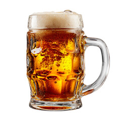 Frothy amber beer in a clear glass mug