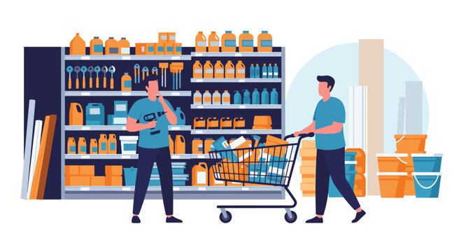 Two men shopping for tools and supplies in a hardware store with one man pushing a cart and another examining a drill.