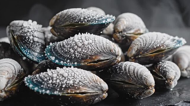 Freshly Harvested Oysters on a Dark Slate Surface.