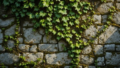 Green Ivy Vines Growing on a Weathered Stone Wall