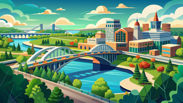 Very beautiful aerial view of a bridge over the Fox River in Green Bay, Wisconsin, combining urban architecture, flowing water, sunlight, clouds, and transportation infrastructure within scenic surrou