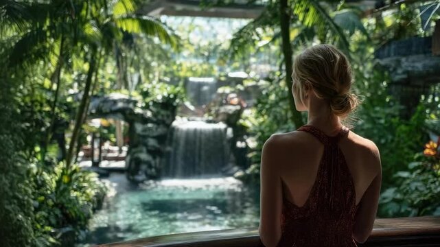 A woman with her back to the camera in a halter dress overlooks a tropical pool with a waterfall, surrounded by lush greenery.