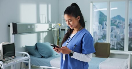 Clinic, nurse and woman with phone for healthcare research, typing email or check schedule. Worker, mobile and person in hospital for telehealth update, scroll history and medical evaluation with app