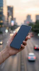  Woman Holding Blank Smartphone with Blurred City Traffic Background at Sunset