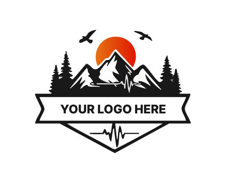 Mountain Heartbeat Logo Design with Pine Forest and Birds