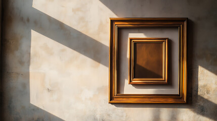 Two golden picture frames hang on a rustic wall, bathed in warm sunlight. The light and shadows create a serene ambiance, enhancing the textures of the frame & wall.