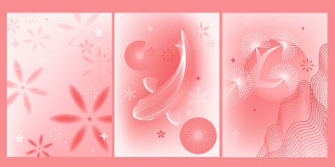 Lunar new year cards in red, pink, white shades. Koi fish, flowers, monochrome gradient background. Blurred, unfocused modern design with line art. 