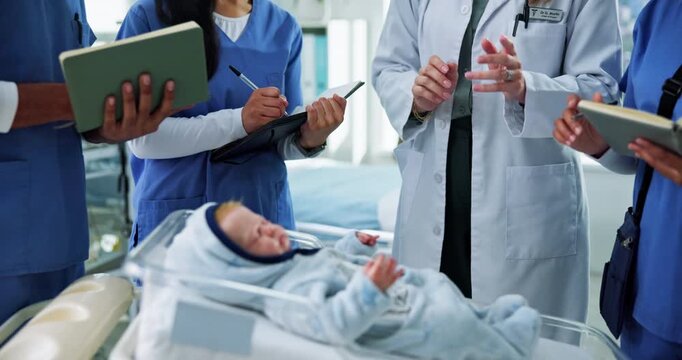 Doctor, baby doll and students in hospital, hands and notebook with paedetrician. University, medical interns or people in clinic, neonatal or lesson with healthcare education, talking and writing