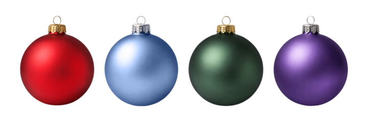 Set of bright festive Christmas balls isolated on a clean white background, colorful holiday decorations in red, blue, green and purple perfect for seasonal designs
