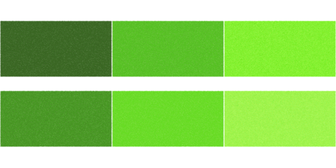 A visual display of six rectangular blocks showcasing various shades of green colors arranged in two rows.
