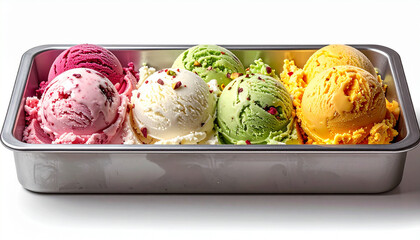 A row of colorful gelato scoops in a metal tray showing pistachio, strawberry, and lemon flavors.