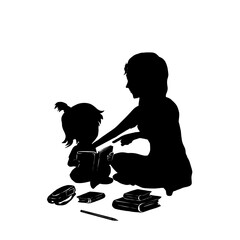 silhouette of a mother teaching her daughter to read a book