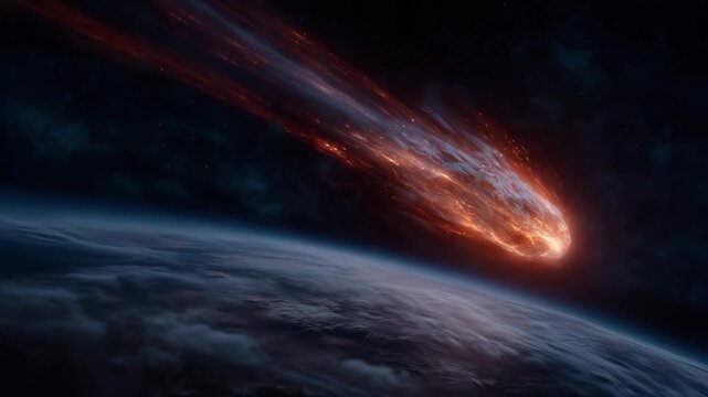 Glowing meteor entering Earth atmosphere, fiery asteroid with bright flames and burning plasma trail rushing toward planet surface, dramatic cosmic impact scene  4k