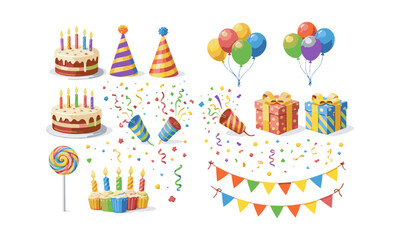 Birthday party icons set with colorful celebration objects
 Vector illustration, easily editable.