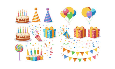 Colorful birthday celebration icons isolated on white background Vector illustration , easily editable.