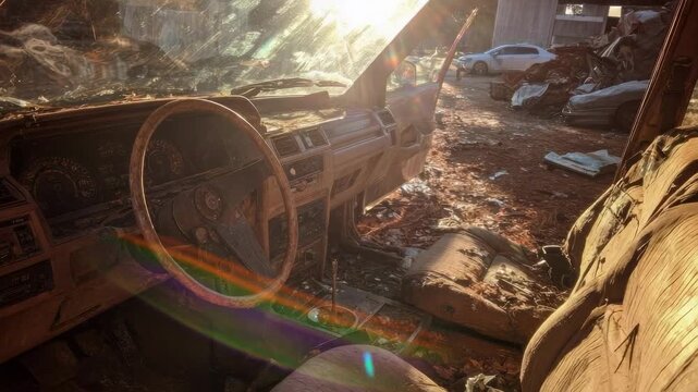 Wrecked car interior in a junkyard: shattered windshield, dusty seats, steering wheel, and debris scattered across the floor.