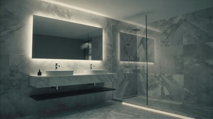 Modern bathroom with double vanity, illuminated mirror, glass shower enclosure, and marble walls.