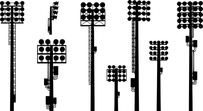 Transparent PNG available
Stadium light pole silhouette set, floodlight vector illustration, sports field illumination design, outdoor arena lighting system, electricity infrastructure drawing, engine