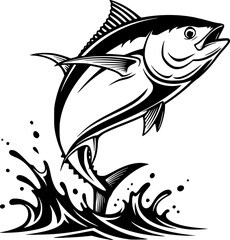 Obraz premium Majestic tuna fish leaps upwards in monochrome graphic illustration design 