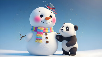 Obraz premium Snowman and panda in winter wonderland scene