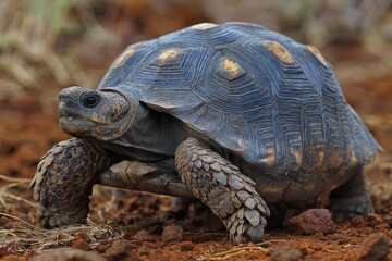 Obraz premium Spek Hingeback Tortoise exploring its habitat in Kruger National Park during a sunny day in Mpumalanga