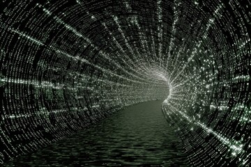 Exploring a digital tunnel filled with flowing binary code and glowing light waves in a futuristic setting