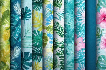 Summer fabrics featuring vibrant tropical patterns in lush colors for stylish seasonal attire and decor options suitable for beach outings and casual gatherings