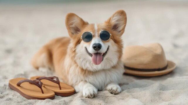 Happy Corgi Dog in Sunglasses Relaxing on Beach with Sand, Shoes, and Straw Hat Enjoying Summer Vibes 4k video footage