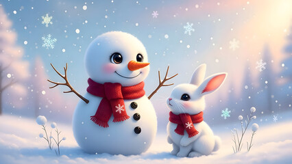 Snowman and bunny friends in winter wonderland scene