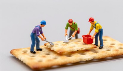 Miniature workers build a cracker masterpiece on a giant snack