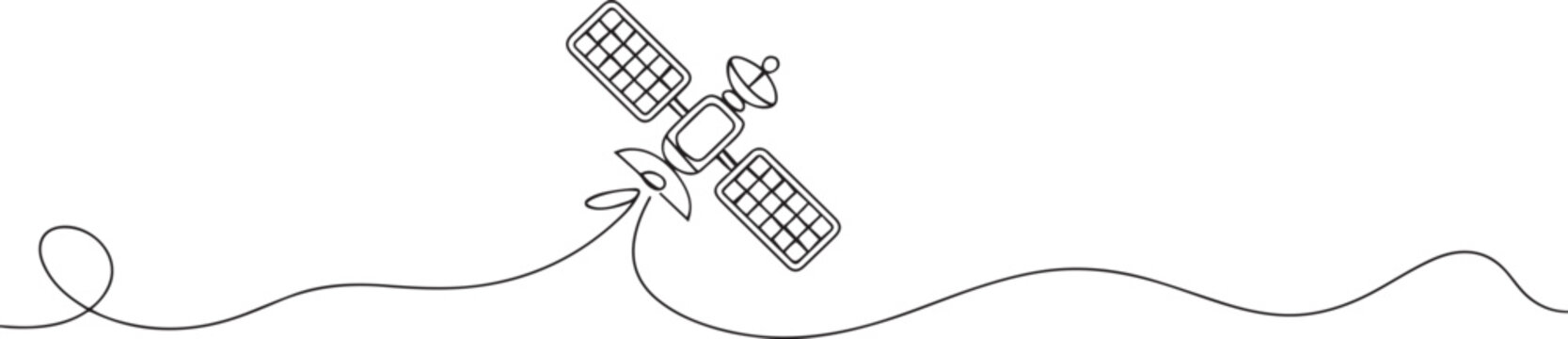 Continuous line drawing of an outer space satellite, showing simple orbit communication. one line Icon drawing