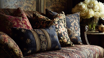 Velvet throw pillows in luxurious living room with ornate couch and white rose bouquet on side table