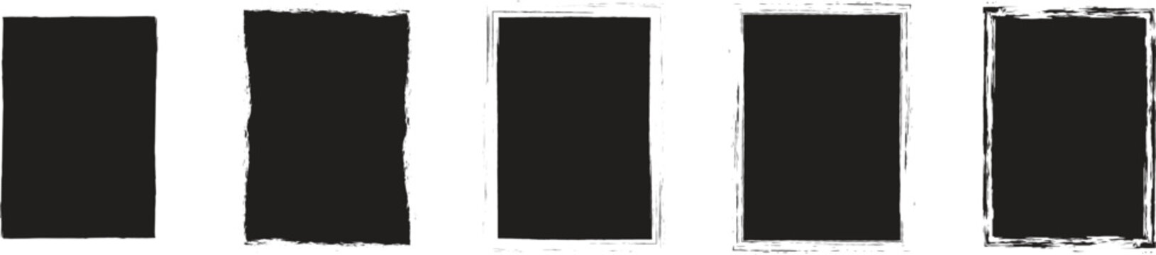 Set of five vertical black grunge shapes. rough square elements, textured empty areas for design