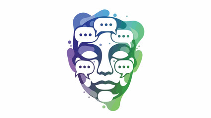 Obraz premium A vector illustration of a virtual assistant chatbot with a human face surrounded by speech bubbles in shades of blue, green, and purple. Perfect for technology, communication, and business