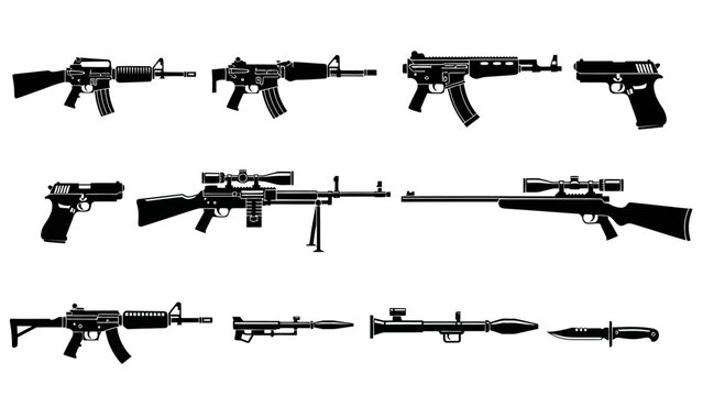 Collection of various firearms, including assault rifles, sniper rifles, pistols, and a rocket launcher