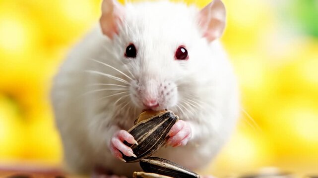 White Rat Eating Sunflower Seed on Yellow Background, Close Up
