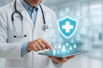 Doctor using digital tablet health network with futuristic medical interface connecting global patients for virtual care and diagnosis