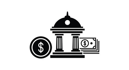 A black silhouette depicting a bank building money and a dollar sign symbol